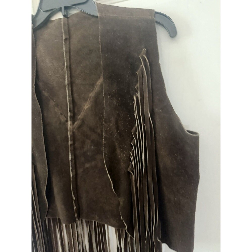 1960s 1970s Vintage Brown Suede Leather Fringe Vest Western Women's Mended Sz Lg - Picture 3 of 12